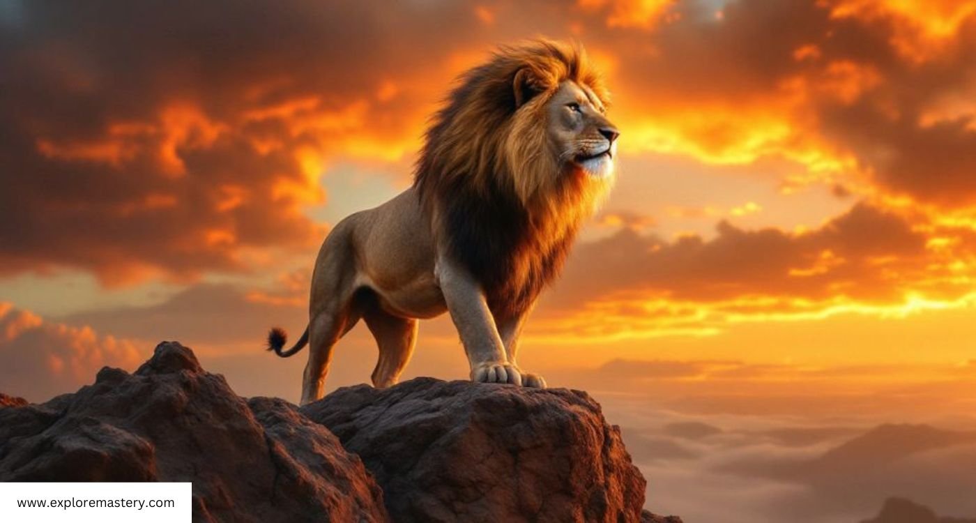 Lion on a cliff during sunset, showcasing power and resilience.