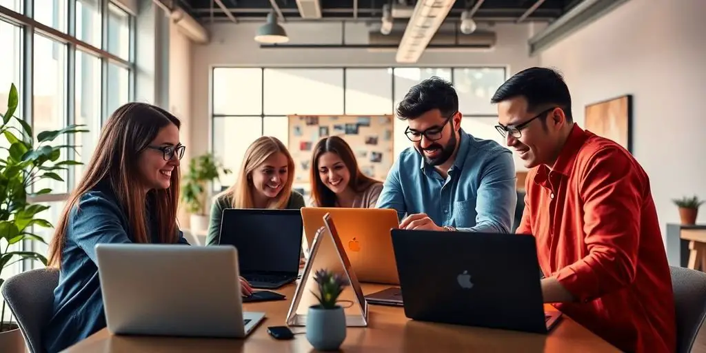 Digital agency team collaborating in a modern workspace.