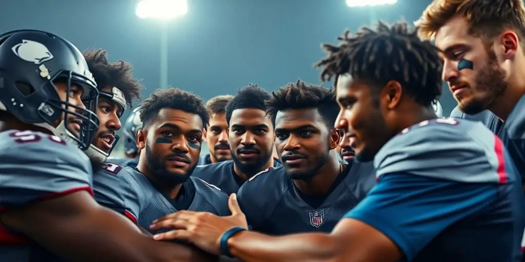 Diverse football players in a huddle, showing teamwork.