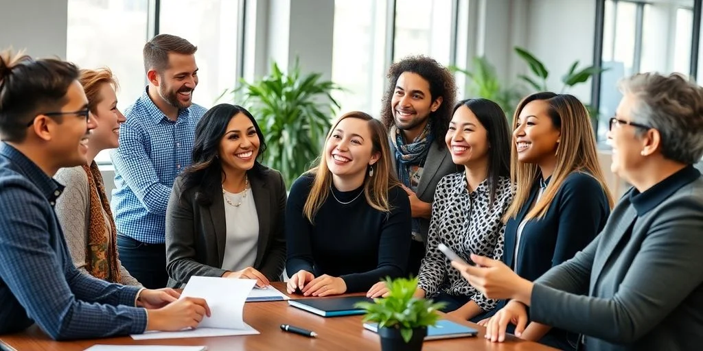 Group of diverse leaders collaborating in a positive meeting.