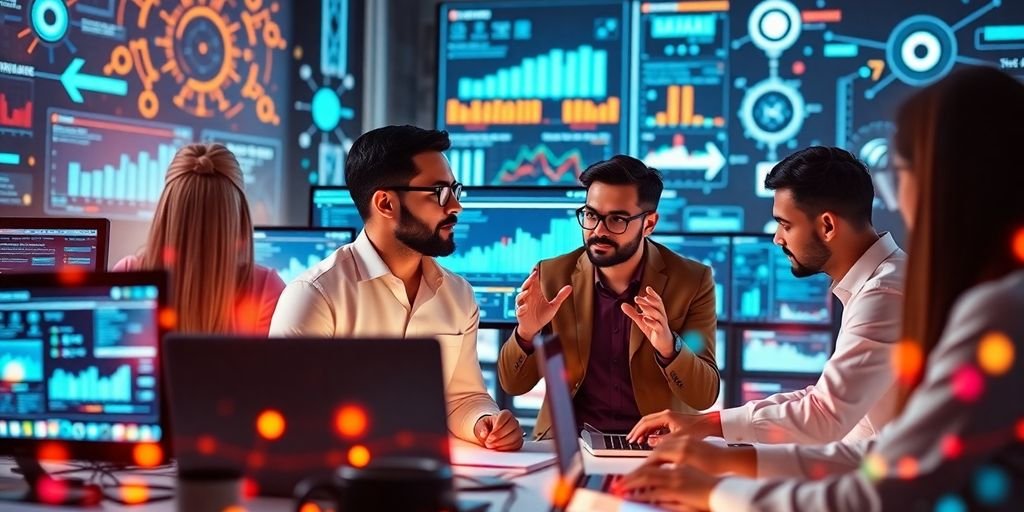 Diverse team working with technology in digital marketing setting.